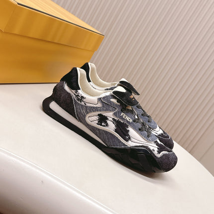 FENDI 25S CORTEZ RETRO SNEAKERS IN DARK CHARCOAL PURPLE SUEDE AND FABRIC