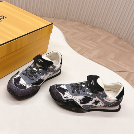 FENDI 25S CORTEZ RETRO SNEAKERS IN DARK CHARCOAL PURPLE SUEDE AND FABRIC