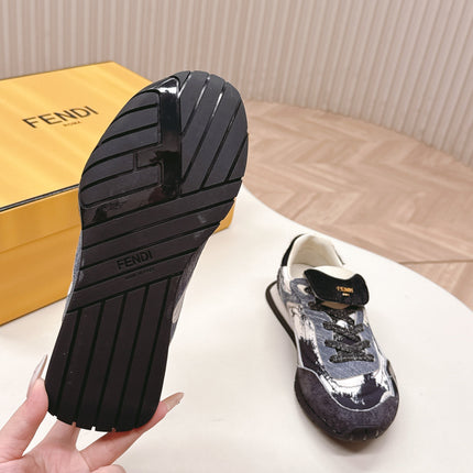 FENDI 25S CORTEZ RETRO SNEAKERS IN DARK CHARCOAL PURPLE SUEDE AND FABRIC