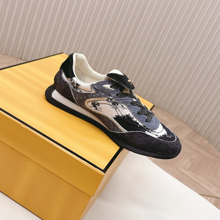 FENDI 25S CORTEZ RETRO SNEAKERS IN DARK CHARCOAL PURPLE SUEDE AND FABRIC