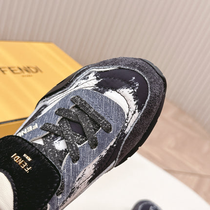 FENDI 25S CORTEZ RETRO SNEAKERS IN DARK CHARCOAL PURPLE SUEDE AND FABRIC