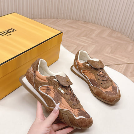 FENDI 25S CORTEZ RETRO SNEAKERS IN BROWN SUEDE AND FABRIC