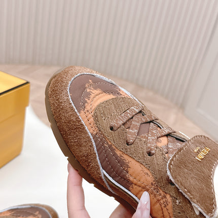 FENDI 25S CORTEZ RETRO SNEAKERS IN BROWN SUEDE AND FABRIC