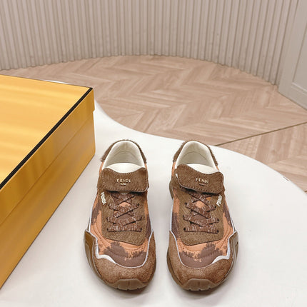 FENDI 25S CORTEZ RETRO SNEAKERS IN BROWN SUEDE AND FABRIC