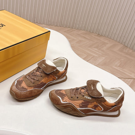 FENDI 25S CORTEZ RETRO SNEAKERS IN BROWN SUEDE AND FABRIC
