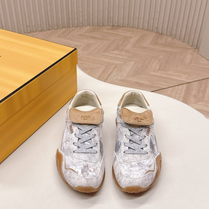 FENDI 25S CORTEZ RETRO SNEAKERS IN BEIGE WHITE SUEDE AND FABRIC