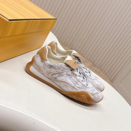 FENDI 25S CORTEZ RETRO SNEAKERS IN BEIGE WHITE SUEDE AND FABRIC