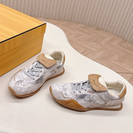 FENDI 25S CORTEZ RETRO SNEAKERS IN BEIGE WHITE SUEDE AND FABRIC