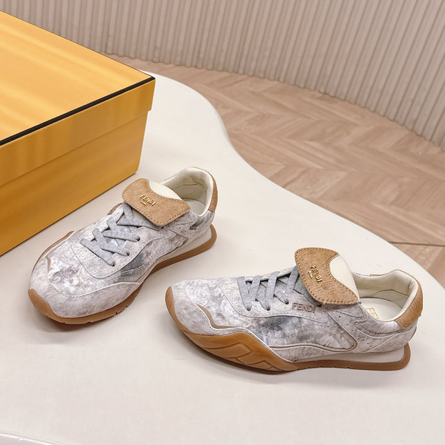 FENDI 25S CORTEZ RETRO SNEAKERS IN BEIGE WHITE SUEDE AND FABRIC