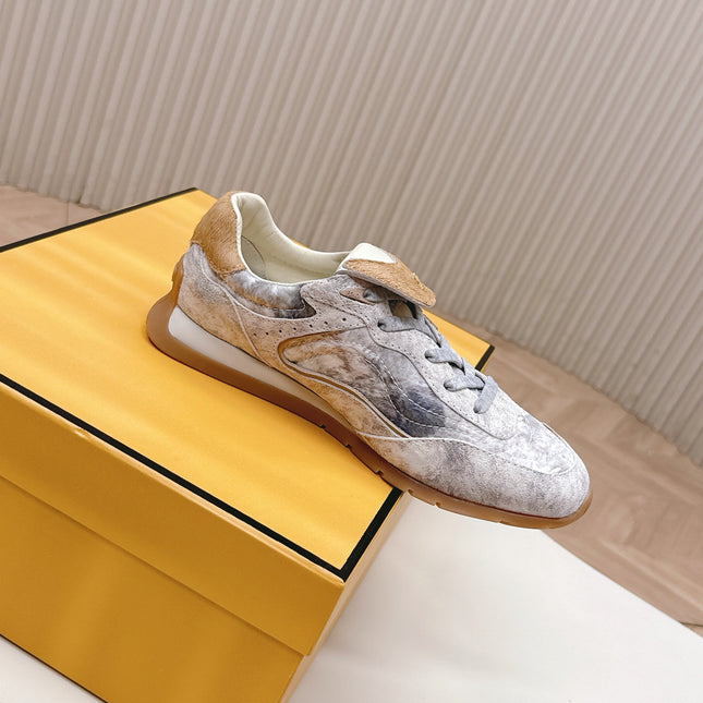 FENDI 25S CORTEZ RETRO SNEAKERS IN BEIGE WHITE SUEDE AND FABRIC