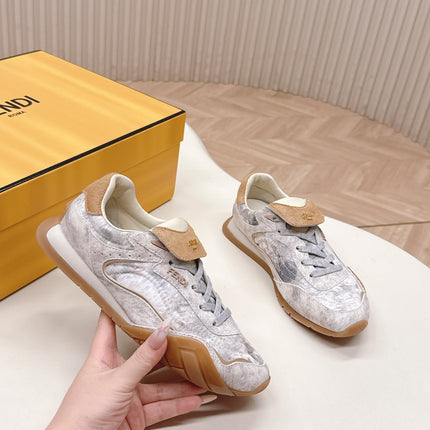 FENDI 25S CORTEZ RETRO SNEAKERS IN BEIGE WHITE SUEDE AND FABRIC