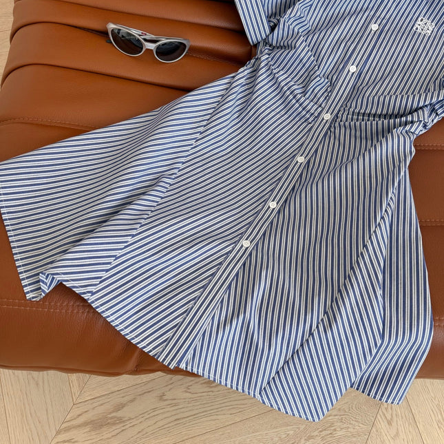 Loewe 25 Pleated Striped Dress Blue White Cotton
