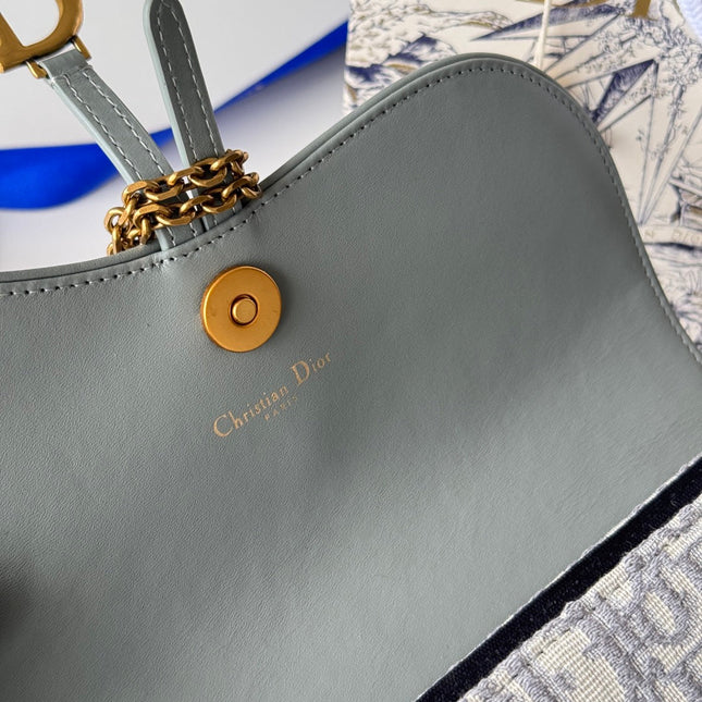 DIOR 25S MEDIUM SADDLE POUCH WITH CHAIN 21 IN GRAY DIOR OBLIQUE JACQUARD CANVAS