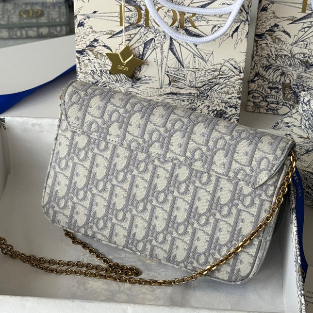 DIOR 25S MEDIUM SADDLE POUCH WITH CHAIN 21 IN GRAY DIOR OBLIQUE JACQUARD CANVAS