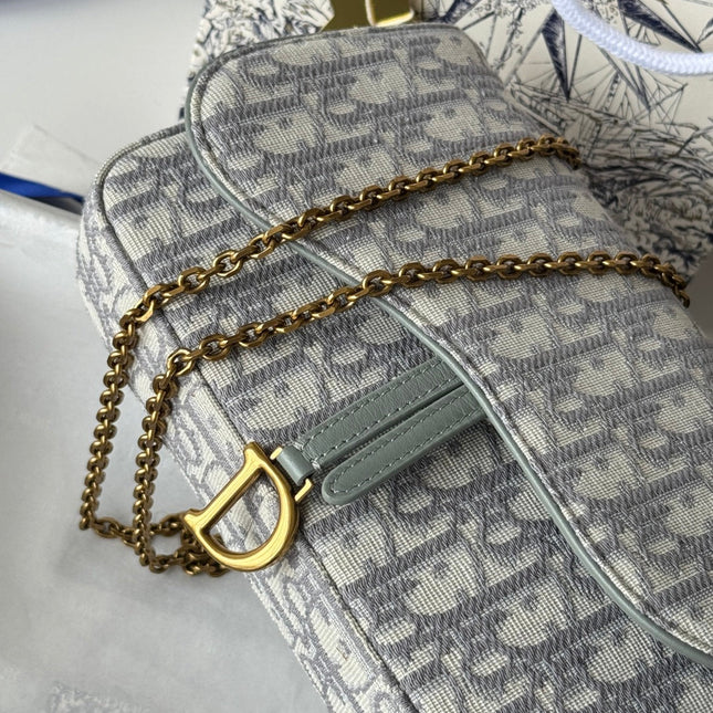 DIOR 25S MEDIUM SADDLE POUCH WITH CHAIN 21 IN GRAY DIOR OBLIQUE JACQUARD CANVAS