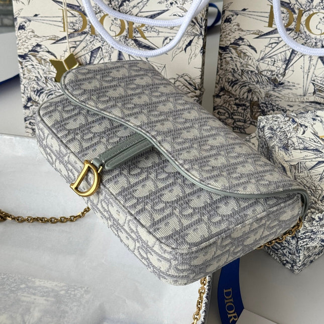 DIOR 25S MEDIUM SADDLE POUCH WITH CHAIN 21 IN GRAY DIOR OBLIQUE JACQUARD CANVAS