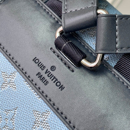CHRISTOPHER MM BACKPACK 44 IN SKY BLUE MONOGRAM HERITAGE CANVAS BLACK CALFSKIN
