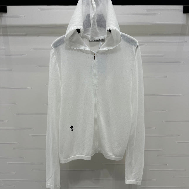 DIOR LACE-KNIT LONG-SLEEVE HOODIE WHITE 274970