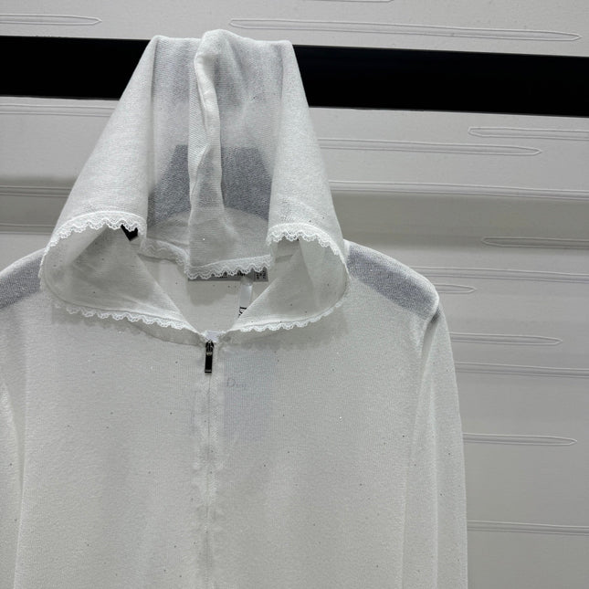 DIOR LACE-KNIT LONG-SLEEVE HOODIE WHITE 274970