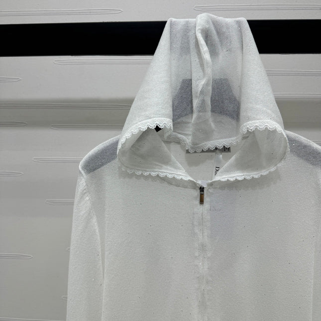 DIOR LACE-KNIT LONG-SLEEVE HOODIE WHITE 274970