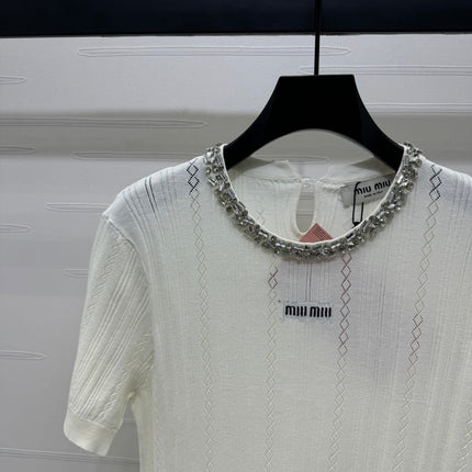 MIU 25S RHINESTONE COLLAR T-SHIRT 264095