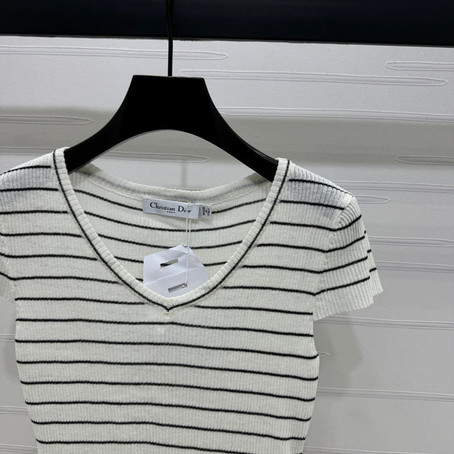 DIOR 25S SHORT SLEEVE STRIPED V-NECK SWEATER 264078