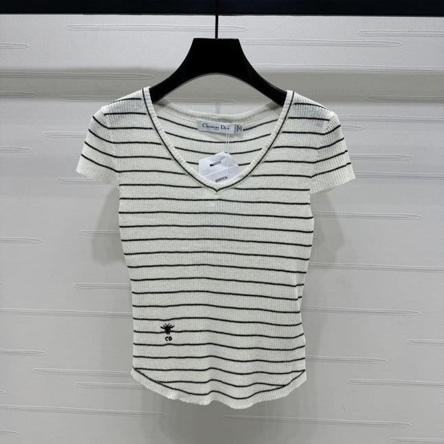 DIOR 25S SHORT SLEEVE STRIPED V-NECK SWEATER 264078