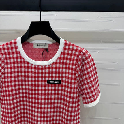 MIUMIU CREW NECK SHORT-SLEEVE PLAID KNIT TOP 274834