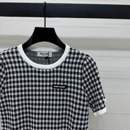 MIUMIU CREW NECK SHORT-SLEEVE PLAID KNIT TOP 274833