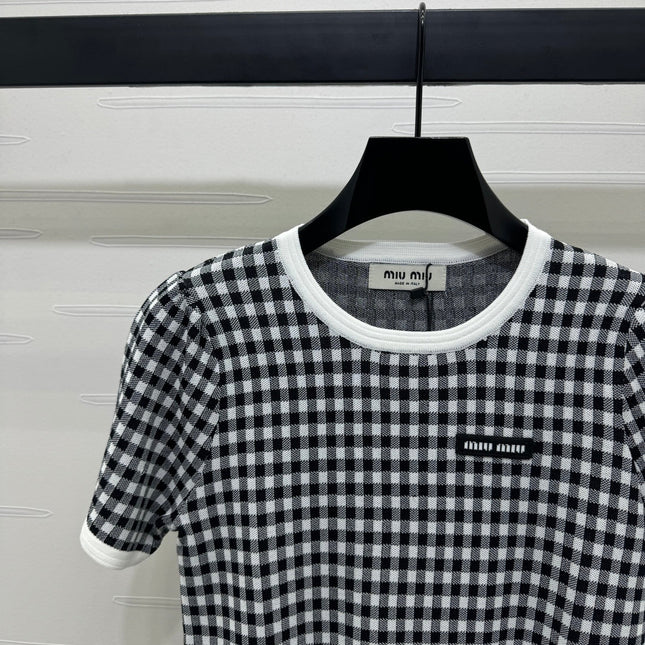 MIUMIU CREW NECK SHORT-SLEEVE PLAID KNIT TOP 274833