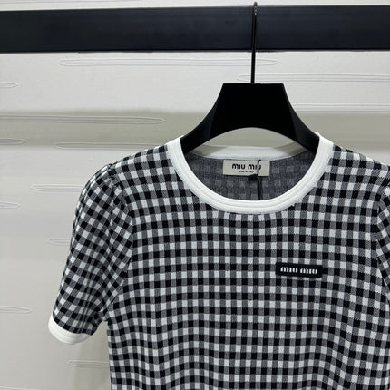 MIUMIU CREW NECK SHORT-SLEEVE PLAID KNIT TOP 274833