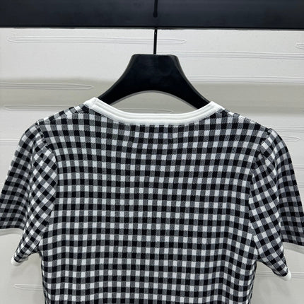 MIUMIU CREW NECK SHORT-SLEEVE PLAID KNIT TOP 274833