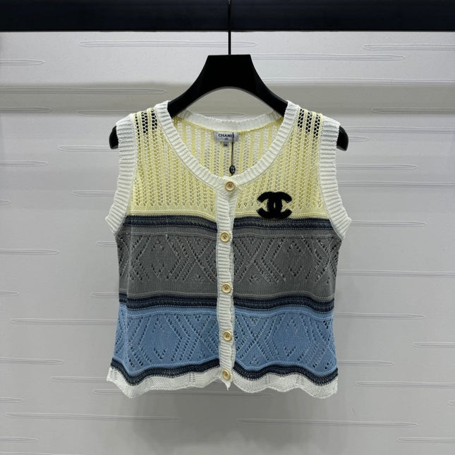 CHANEL EMBROIDERED LOGO OPEN-KNIT VEST 274869