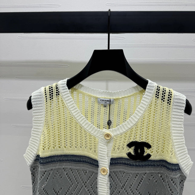 CHANEL EMBROIDERED LOGO OPEN-KNIT VEST 274869