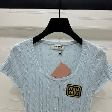 MIUMIU U-NECK KNITTED SHORT-SLEEVE TOP LIGHT BLUE 274948