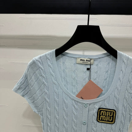 MIUMIU U-NECK KNITTED SHORT-SLEEVE TOP LIGHT BLUE 274948