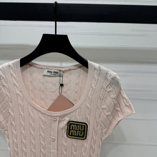 MIUMIU U-NECK KNITTED SHORT-SLEEVE TOP PINK 274947