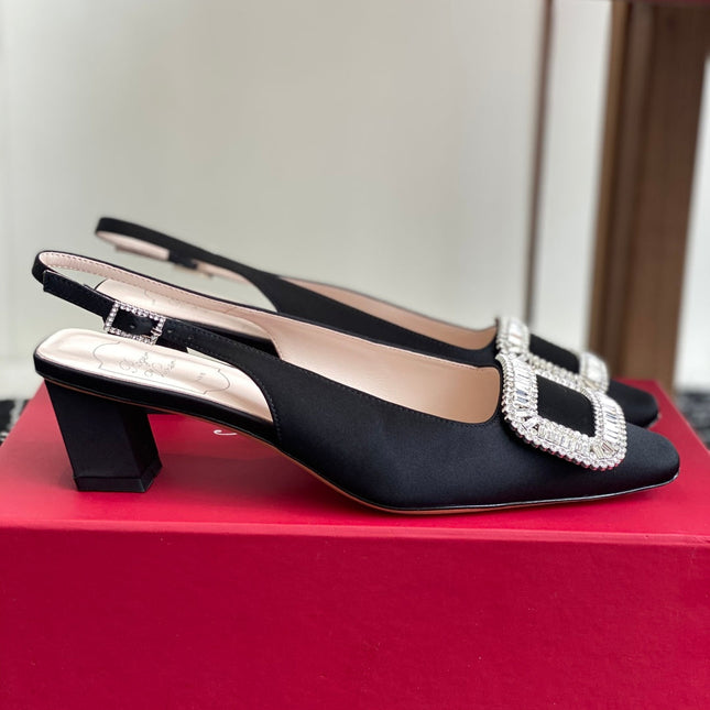 ROGER VIVIER 25S VIVIER SLINGBACK 45MM IN BLACK SILK EMBELLISHED CRYSTALS