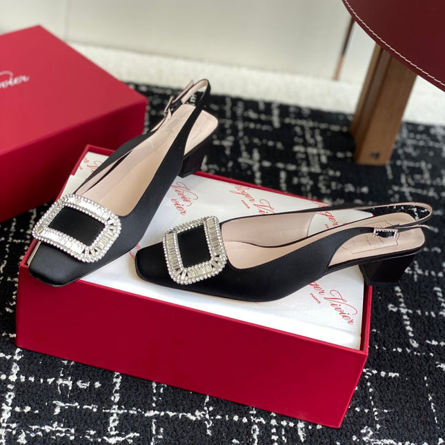 ROGER VIVIER 25S VIVIER SLINGBACK 45MM IN BLACK SILK EMBELLISHED CRYSTALS