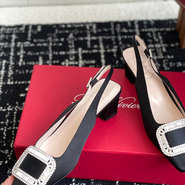 ROGER VIVIER 25S VIVIER SLINGBACK 45MM IN BLACK SILK EMBELLISHED CRYSTALS