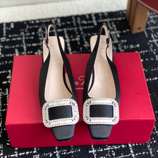 ROGER VIVIER 25S VIVIER SLINGBACK 45MM IN BLACK SILK EMBELLISHED CRYSTALS