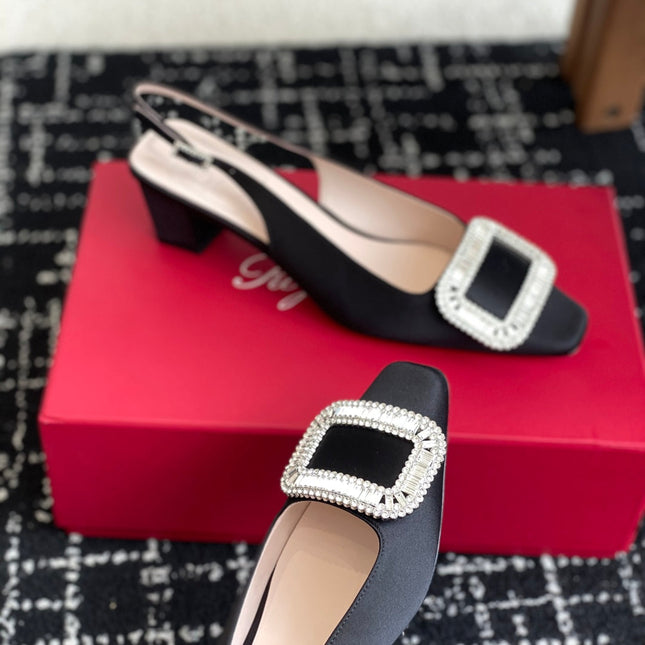 ROGER VIVIER 25S VIVIER SLINGBACK 45MM IN BLACK SILK EMBELLISHED CRYSTALS