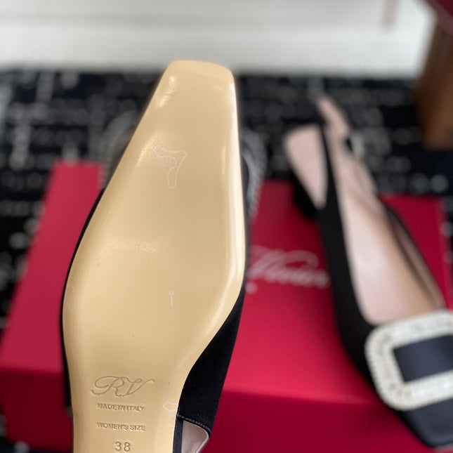 ROGER VIVIER 25S VIVIER SLINGBACK 45MM IN BLACK SILK EMBELLISHED CRYSTALS