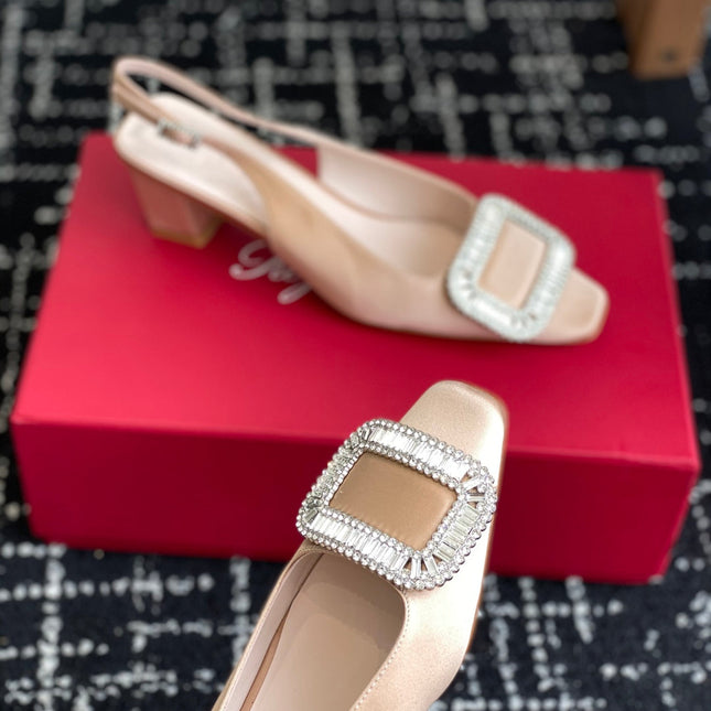 ROGER VIVIER 25S VIVIER SLINGBACK 45MM IN BEIGE SILK EMBELLISHED CRYSTALS
