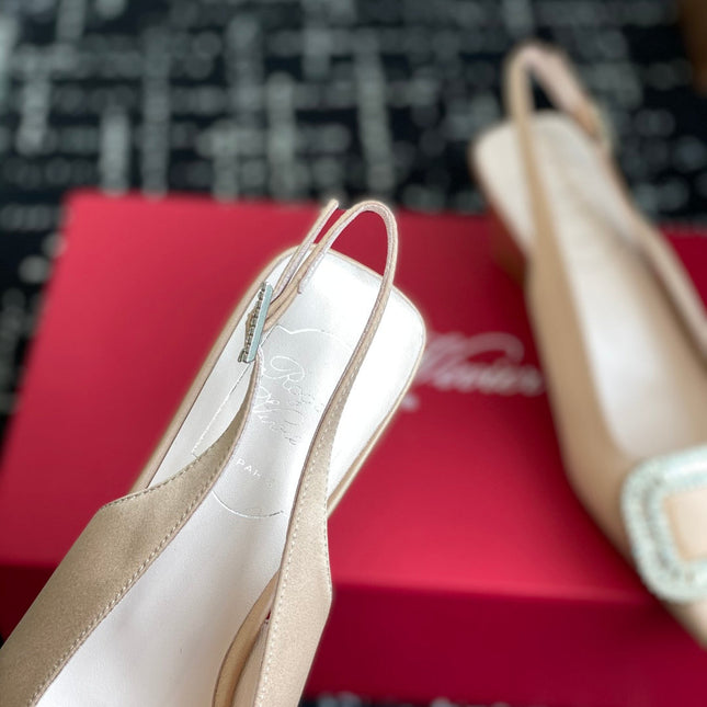 ROGER VIVIER 25S VIVIER SLINGBACK 45MM IN BEIGE SILK EMBELLISHED CRYSTALS