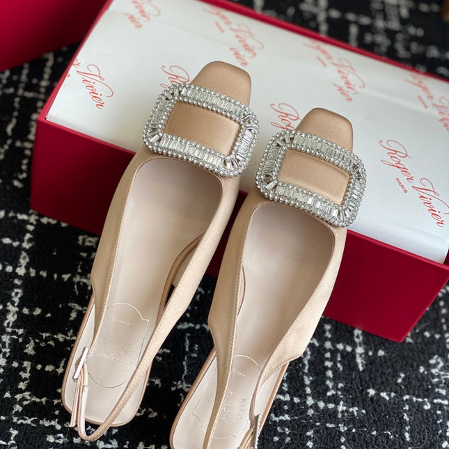 ROGER VIVIER 25S VIVIER SLINGBACK 45MM IN BEIGE SILK EMBELLISHED CRYSTALS