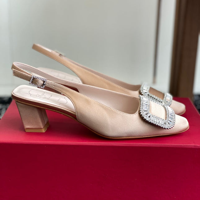 ROGER VIVIER 25S VIVIER SLINGBACK 45MM IN BEIGE SILK EMBELLISHED CRYSTALS