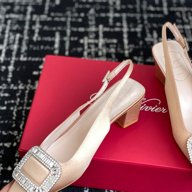 ROGER VIVIER 25S VIVIER SLINGBACK 45MM IN BEIGE SILK EMBELLISHED CRYSTALS