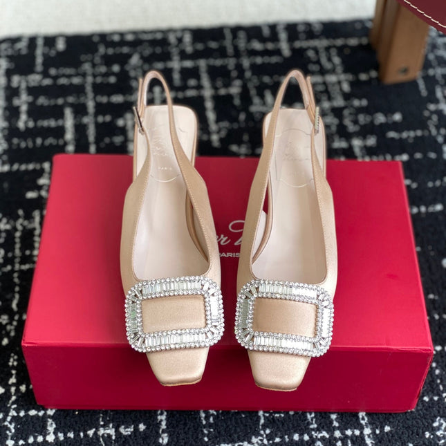 ROGER VIVIER 25S VIVIER SLINGBACK 45MM IN BEIGE SILK EMBELLISHED CRYSTALS