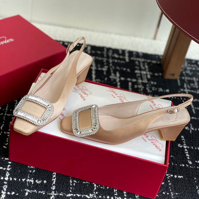 ROGER VIVIER 25S VIVIER SLINGBACK 45MM IN BEIGE SILK EMBELLISHED CRYSTALS